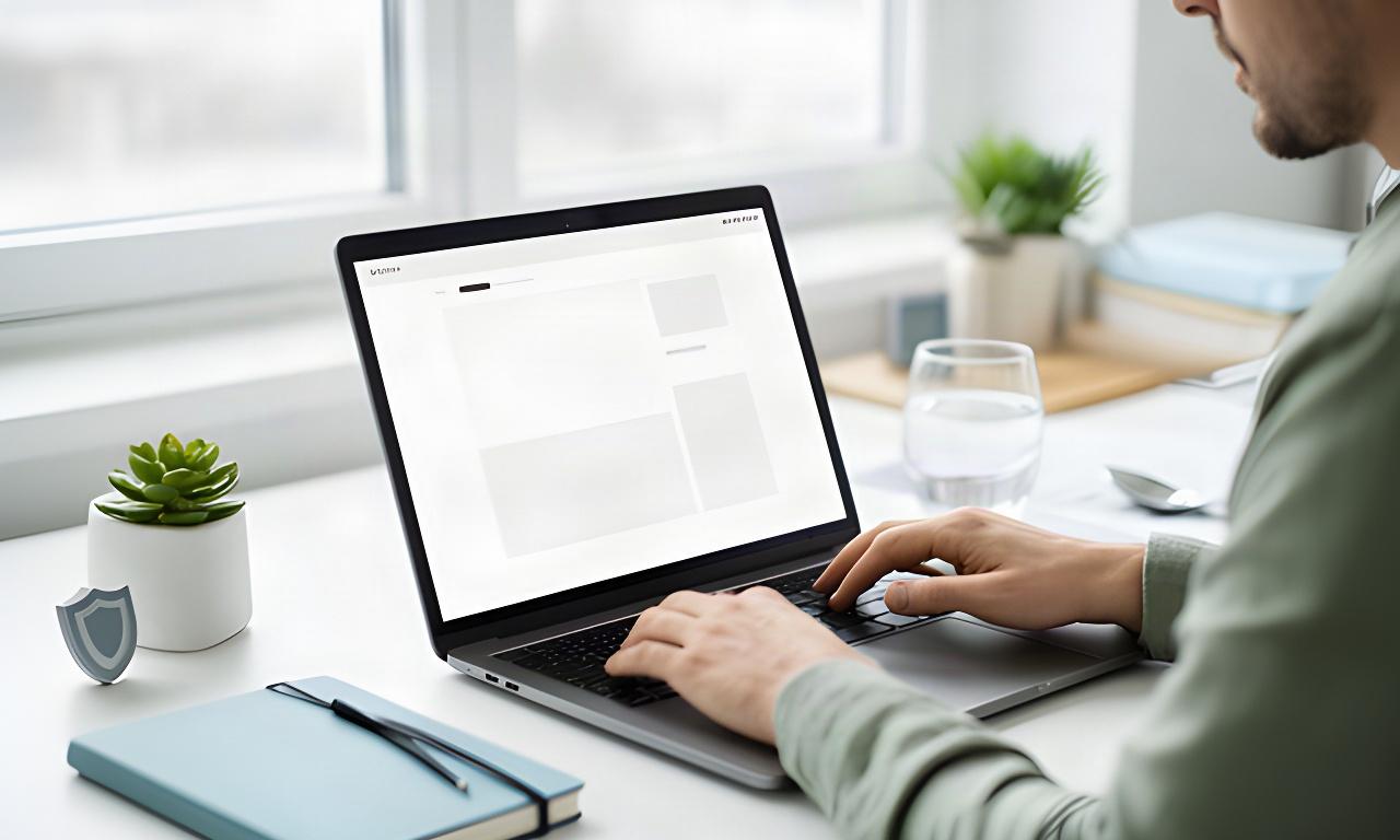 Person prüft Registrierungsbedingungen und persönliche Angaben am Laptop an einem hellen Arbeitsplatz