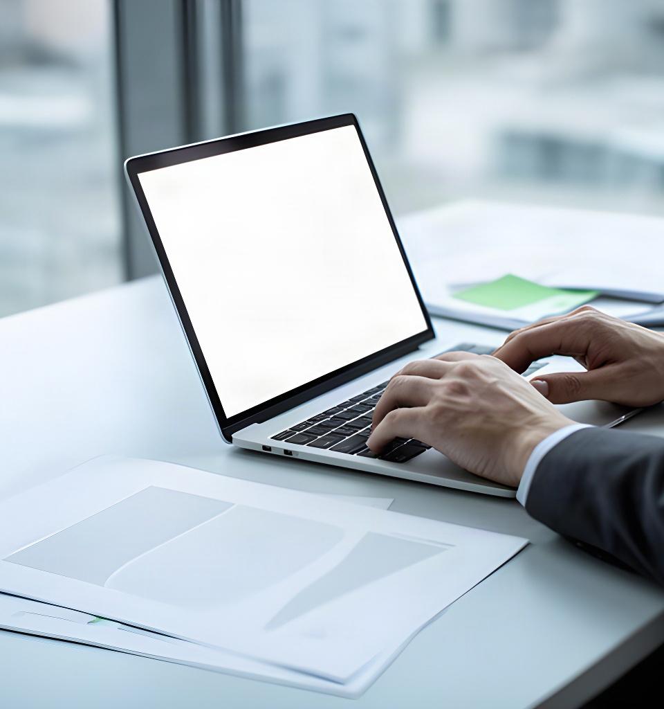 Person prüft Datenschutzhinweise an einem Schreibtisch mit Laptop und aufgeschlagenen Unterlagen