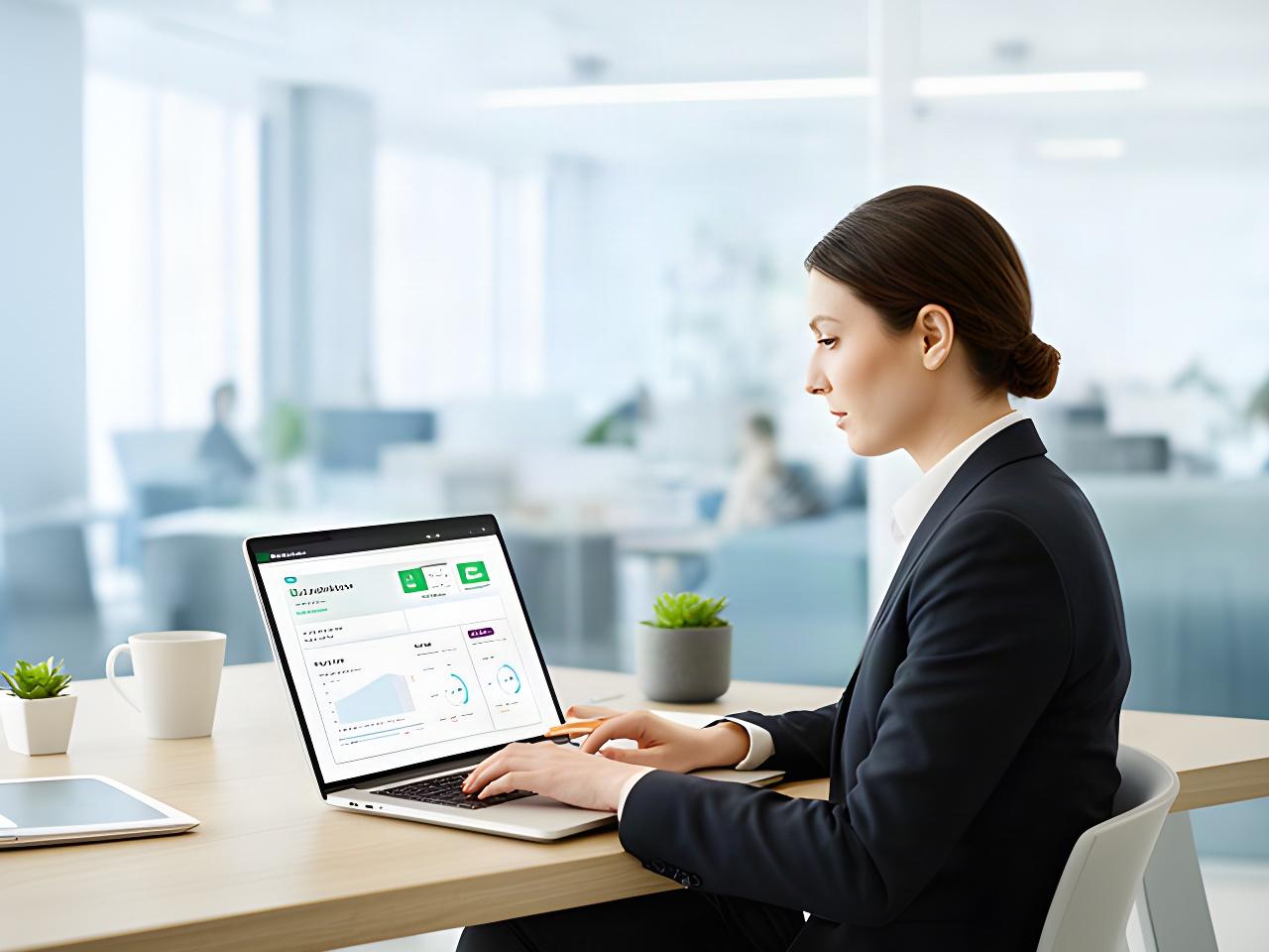 Partnerunternehmen prüft in einem hellen Büro auf einem Laptop ein übersichtliches Dashboard mit Anfragen und Registrierungsstatus