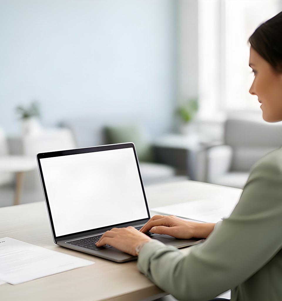 Person liest Datenschutzhinweise auf einem Laptop in einem ruhigen Beratungsbüro