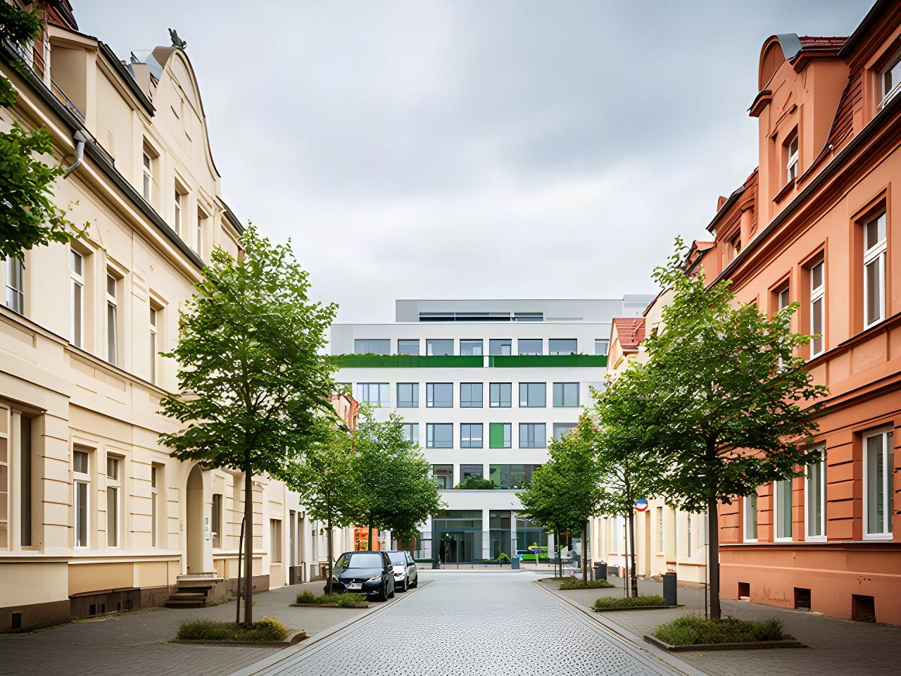 Straßenzug in Delitzsch in Sachsen mit historischen Fassaden und einem modernen Bürogebäude in der Nähe