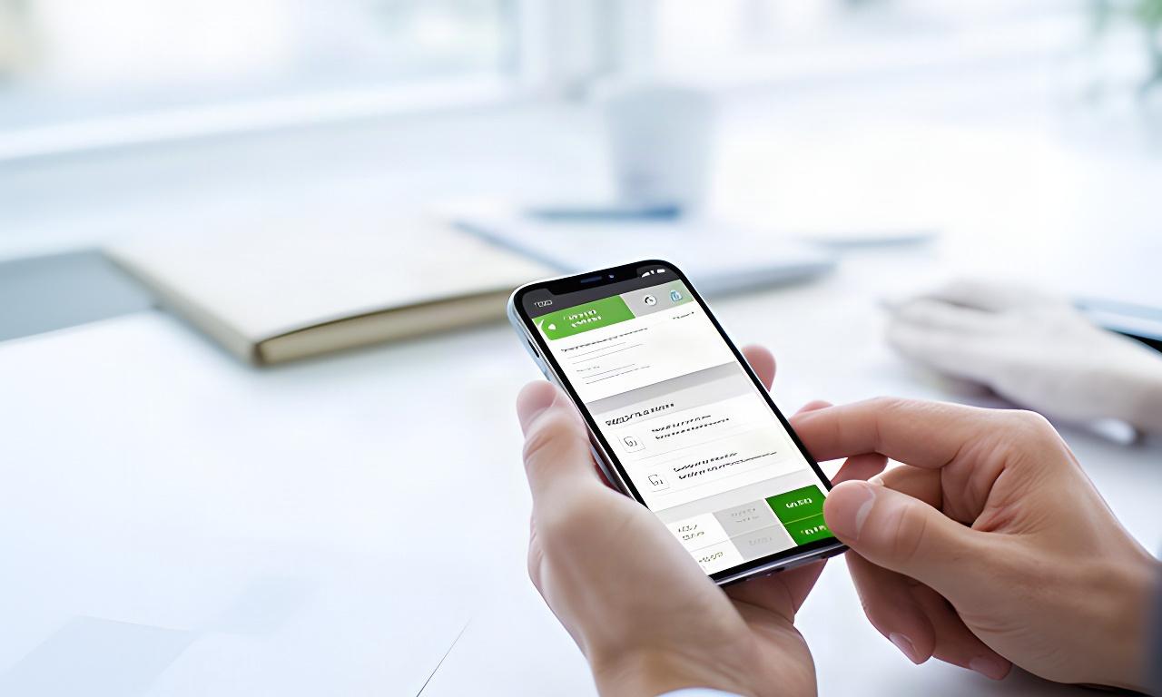 Person prüft Registrierungsdetails auf einem Smartphone an einem hellen Schreibtisch